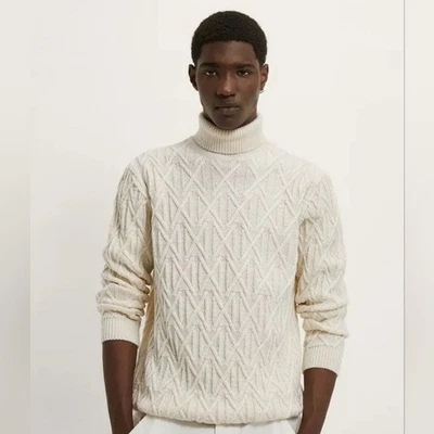 Zara Men's Textured Roll Neck Sweater Cream Size XL - Image 1 of 4