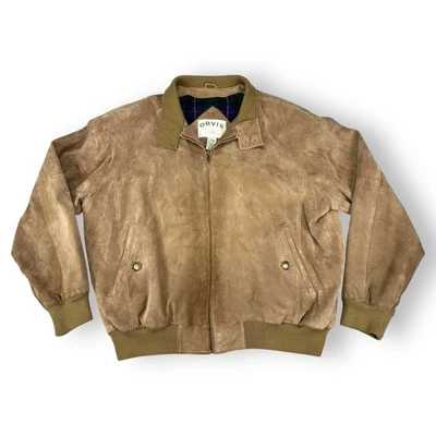 Orvis Men's Suede Leather Bomber Jacket Full Zip Plaid Lined Barn Chore Preppy L - Image 1 of 4