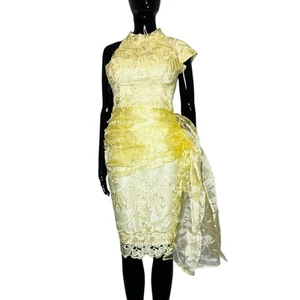 African Nigerian Lace Women Form Fitting Formal Yellow Midi Dress  - Picture 1 of 7
