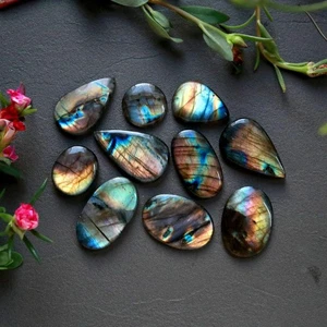 10Pcs 203Ct Natural Labradorite Cabochon Loose Gemstone Lot 30x17 16x16mm #16547 - Picture 1 of 10