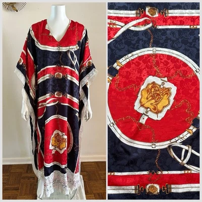 1970s Equestrian Brocade Scarf Dress Caftan Mumu Maxi Resort Mexican Lace VTG - Image 1 of 4