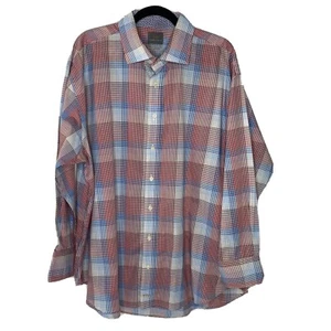 Thomas Dean Men’s 2XB Shirt Red White Blue Plaid Pima Cotton Long Sleeve Button - Picture 1 of 11