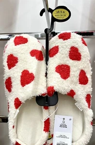 Asda George Red Heart Ivory Cream Fleece Mule Slippers Size 5-6 NEW BNWT