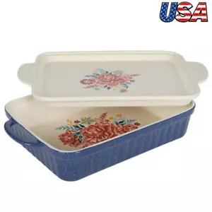 Floral Decor 9" x 13" Ceramic Baking Dish with Platter Lid Handles Rectangular - Picture 1 of 5