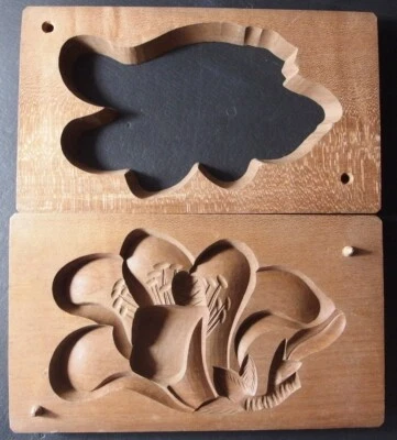 23ksg14 JAPONÉS KASHIGATA PASTEL MOLDE FLOR MADERA TALLADA A MANO ESCULTURA VINTAGE Foto 1 de 4