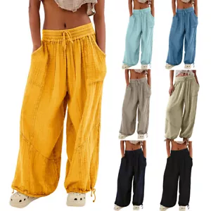 Damen Lockere Baumwolle Leinen Hose Trousers Elastischer Bund Weites Bein Freizeit Unterteil i - Bild 1 von 30