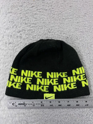 Nike Beanie Toque Youth One Size Black Yellow Knit Logo AOP Swoosh 100% Acrylic - Image 1 of 4