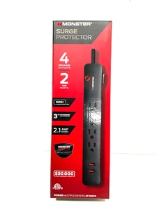 MONSTER SURGE PROTECTOR 4 GROUNDED OUTLET and 2 USB ports 600 J 3 FT EXT cord - Picture 1 of 2