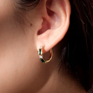 Gold hoop made with SWAROVSKI crystal emerald green stud huggie earrings - Picture 1 of 4