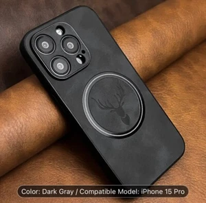 iPhone 15 Pro Case, Magnetic, Artificial Leather Feel Texture, Grey, Wireless Ch - Zdjęcie 1 z 5