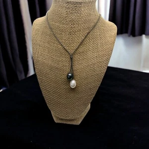 Vintage Sterling Silver Y Necklace Tassel 2 Pearl Dangles Green Iridescent 18" - Picture 1 of 4