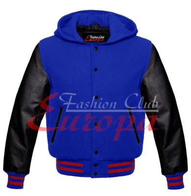 Sudadera con capucha de lana unisex con mangas de cuero negro real Letterman College Varsity XS-7XL Foto 1 de 4