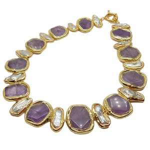 Freshwater White Biwa Pearl Amethyst Chunk 24 KT Gold Edge Necklace 19" - Picture 1 of 8
