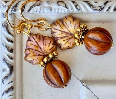 Gold with Orange Pumpkin and Dusty Rose Czech Picasso Leaf Beads. - Image 1 of 4