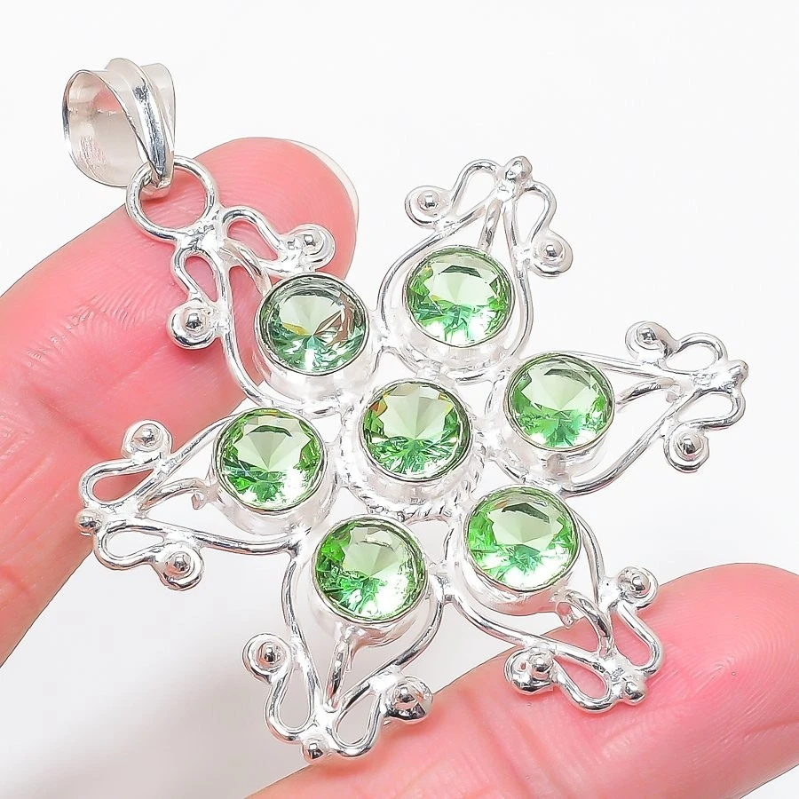 Green Tsavorite Gemstone Handmade 925 Sterling Silver Jewelry Pendant Size 2.6" - Image 1 of 1