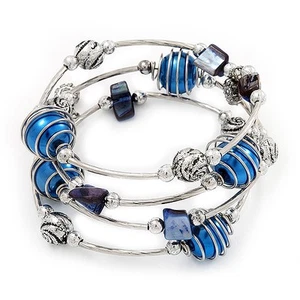 Navy Blue Beaded Coiled Flex Bracelet In Silver Tone - Picture 1 of 4