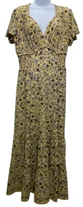 Max Studio Maxi Dress Womens Large Tiered Yellow Floral V Neck Smocked Waist - Picture 1 of 13