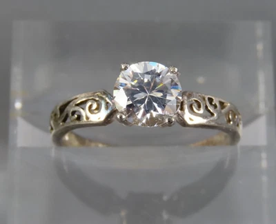 STERLING SILVER RING Cut Out Scroll Band CLEAR CZ ROUND Engagement Wedding SZ 8 - Image 1 of 4