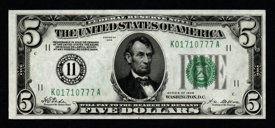 1928 $5 GOLD DEMAND DALLAS District UNCIRCULATED Federal Reserve Note! - Image 1 of 2