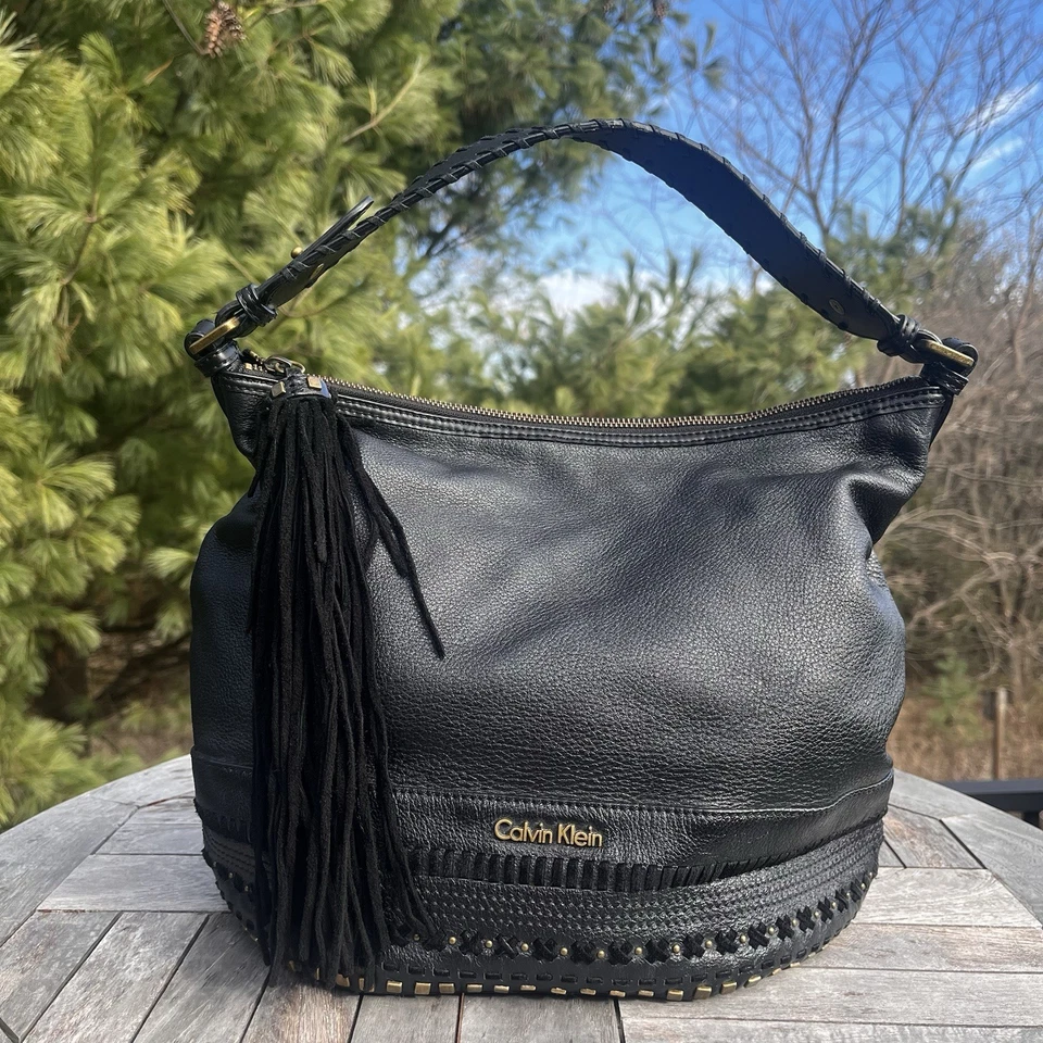 Calvin Klein Hobo Shoulder Bag Black Pebbled Leather Studded Tassel Accent - Image 1 of 4