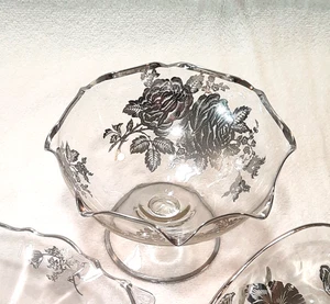 Vintage Silver City Glass Silver Overlay Rose Footed Bowl 6.5"W x 4"H - Picture 1 of 6