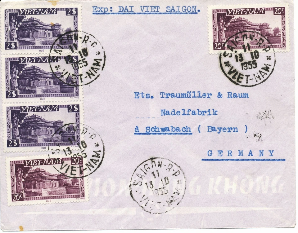 VIETNAM 1955 Old Imperial Palace Hué 20 C. (2 x) and 2 P. (3 x) on superb cover - Image 1 of 1