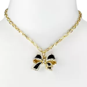 FASHION CHAIN NECKLACE 18" BLACK EPOXY 18K YELLOW GOLD PLATING CLEAR CRYSTALS - Picture 1 of 1