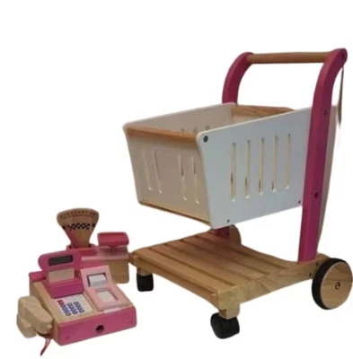 ESTIA HOLZSPIELWAREN Pinker Einkaufswagen aus Holz + Scannerkasse und Zeigerwaage (Pink)