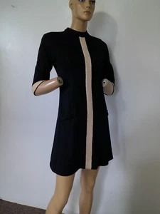 Vtg 60s MOD Stewardess GoGo Babydoll Mini Dress Black Double Knit Tan Trim XS - Picture 1 of 10