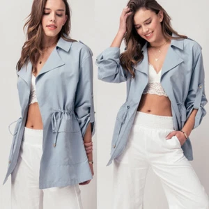 NEW Oversize Collar Drawstring Waist Pockets Open Front Light Weight Jacket Blue - Picture 1 of 8