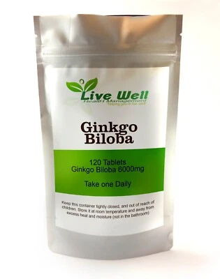 LIVE WELL HEALTH MANAGEMENT Ginkgo Biloba 6000 mg 120 compresse ad alta resistenza prodotte nel Regno Unito vegane