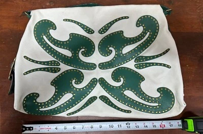 Vintage 1970’s Purse Green Leather Canvas And Brass Great Condition - Image 1 of 4