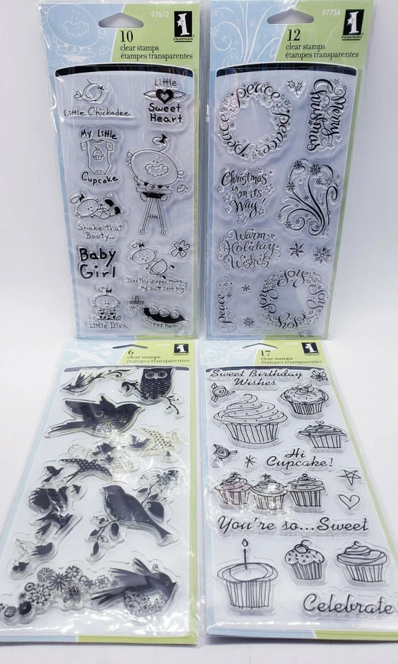 Lote de 4 Selos Inkadinkado: Desejos Quentes de Férias, Pequeno Cupcake, Pássaros em Galore + - Imagem 1 de 4