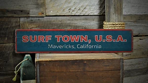 Surf Town, Surfing, Custom Beach - Rustic Distressed Wood Sign - Picture 1 of 2
