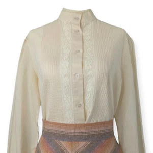 Vintage 70's cream band collar pintucked blouse S/M - Picture 1 of 6