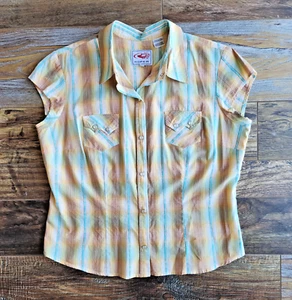 Roper Western Shirt Pearl Snap Cap Sleeve Pocket Cotton Yellow Plaid Women's L - Picture 1 of 8
