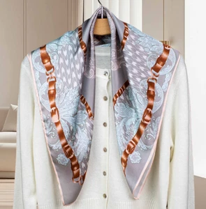 100% Mulberry Silk Shawl Square Blue totem Print Neckerchief Scarf 26'' Wrap  - Picture 1 of 5