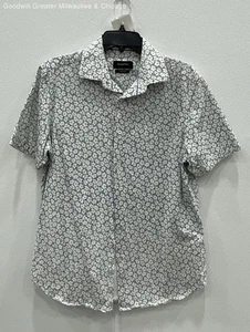 BUGATCHI Men Teal Floral Print Short Sleeve Cotton Blend Shirt Medium - Picture 1 of 3