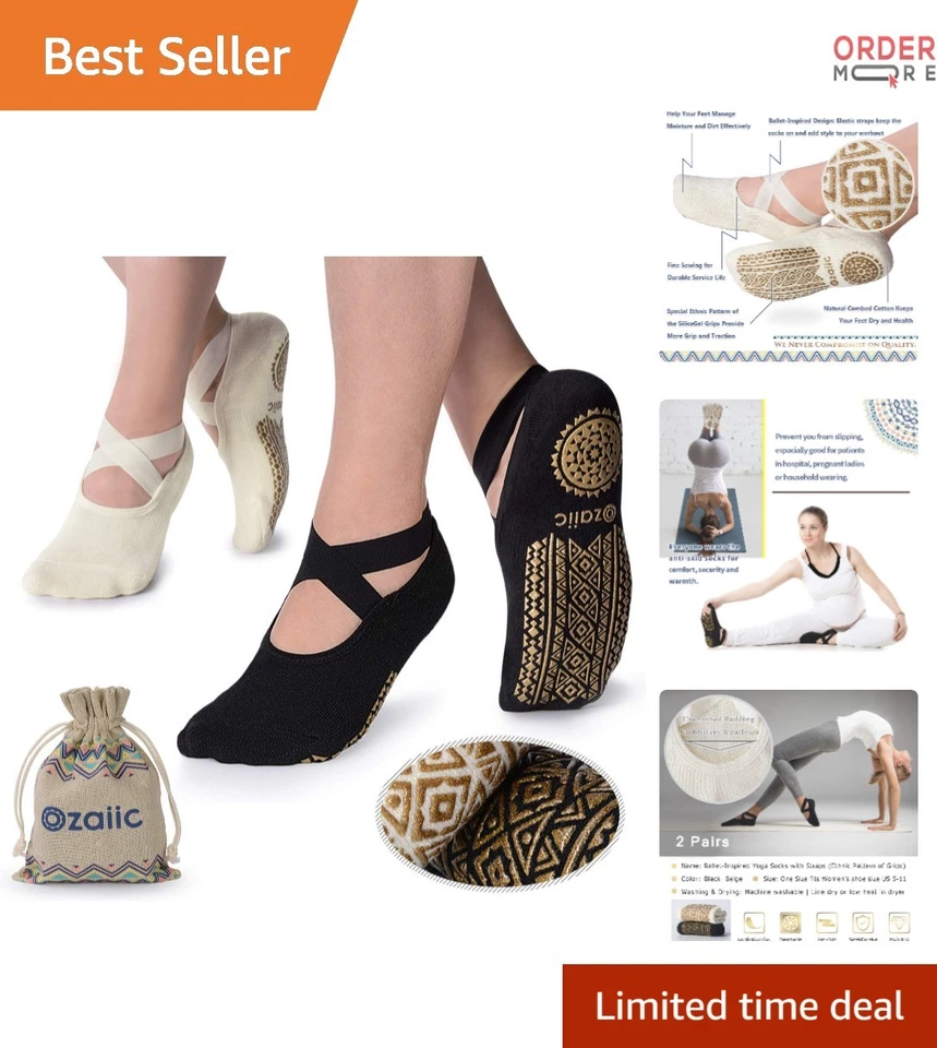 Ozaiic Yoga Socks for Women Non-slip Grips & Straps Ideal Beige Size One