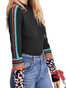 Free People Thermal Top Women XL Black Multicolor Crochet Knit Boho Cozy - Picture 1 of 6
