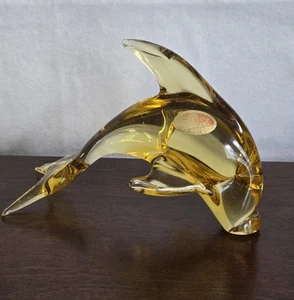 Vintage Amber Yellow Murano Art Glass Dolphin Figurine Paperweight with Label - Picture 1 of 24