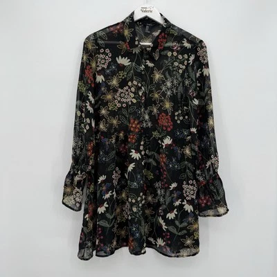 Forever 21 *Flaw* Black Multicolor Floral Sheer Overlay Mini Dress Size Medium - Image 1 of 4