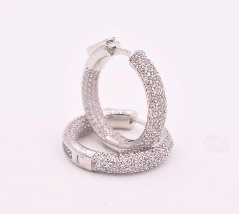 1" Inside Out Diamonique Pave Hoop Earrings Real 14K White Gold-Plated Silver - Image 1 of 2