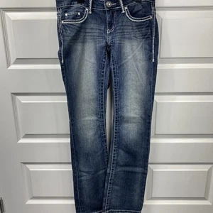 Pantalones de mezclilla para mujer Daytrip 27L azul lavado medio corte bota Leo bordados - Imagen 1 de 7