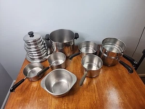 Revere Ware 1801 16 Pc Set Stainless Steel Bottom Saucepans Pots Vintage w Lids - Picture 1 of 17
