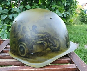 Original USSR Military Army Helmet Painted Art Theme 'The Motorcyclists in WW2' - Picture 1 of 12