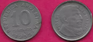 ARGENTINA 10 CENTAVOS 1955 VF SMALLER HEAD,SMOOTH EDGE,JOSE DE SAN MARTIN,BUST F - Picture 1 of 1