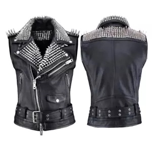 Handmade Black Punk Silver Spiked Studded Leather Vest Jacket for Men – Edgy Stu - Picture 1 of 1