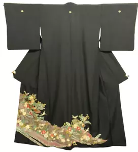 Kimono Tomesode japonés vintage poliéster negro flor cresta suciedad altura 62 pulgadas - Imagen 1 de 23