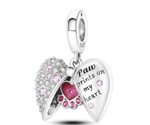 Charm For Bracelet Or Necklace Sterling Silver 925 Paw Print On My Heart - Picture 1 of 4